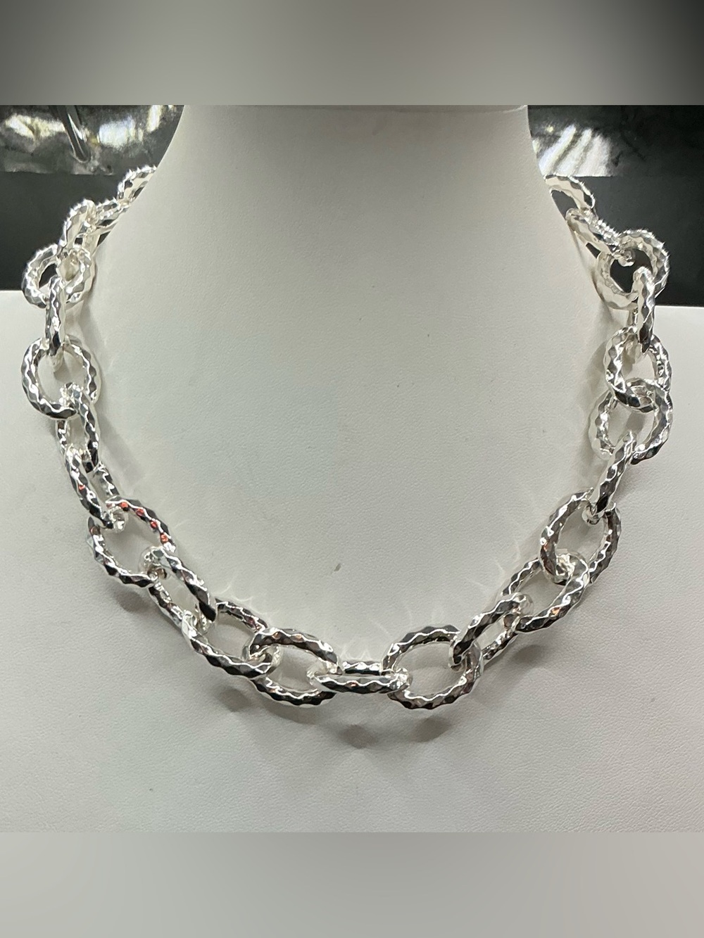 SEQUIN SILVER TONE TEXTURED LARGE LINK STATEMENT CHAIN NECKLACE